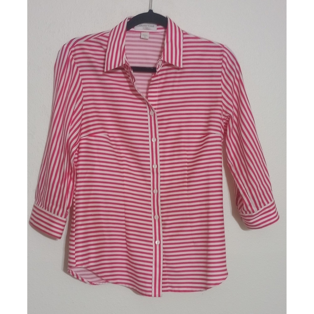 Coldwater Creek Pink White Striped No Iron Cotton Button Down Shirt Womens XS